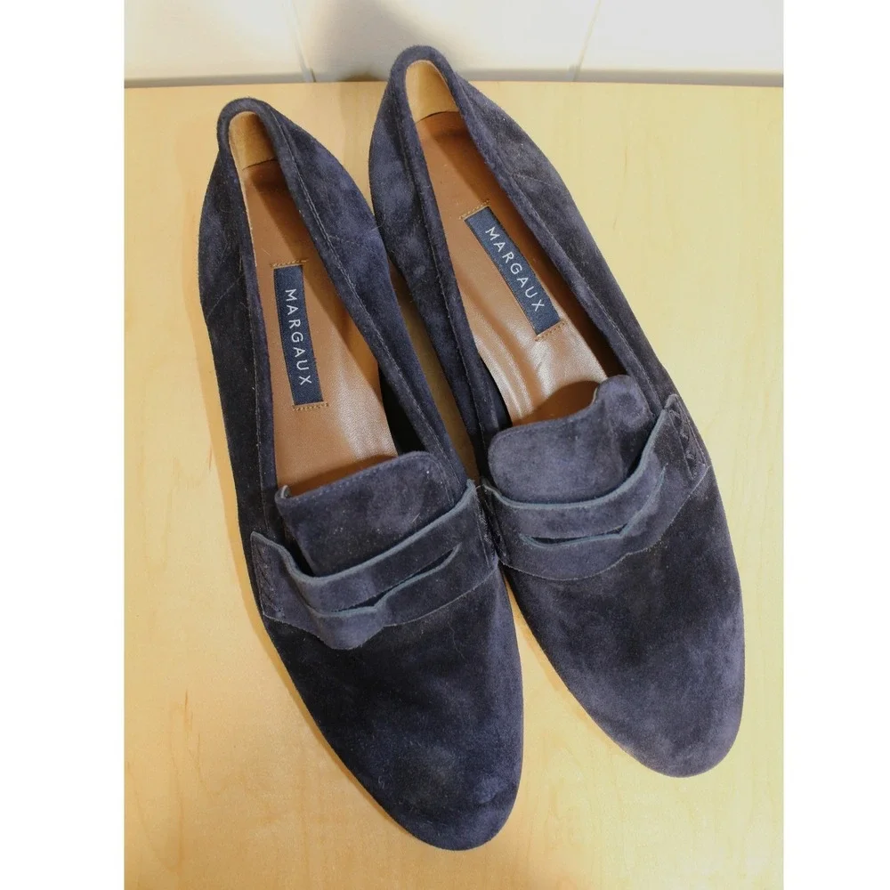 Margaux The Penny Navy Suede Loafers Handmade Size 38 1/2N - Picture 2 of 8